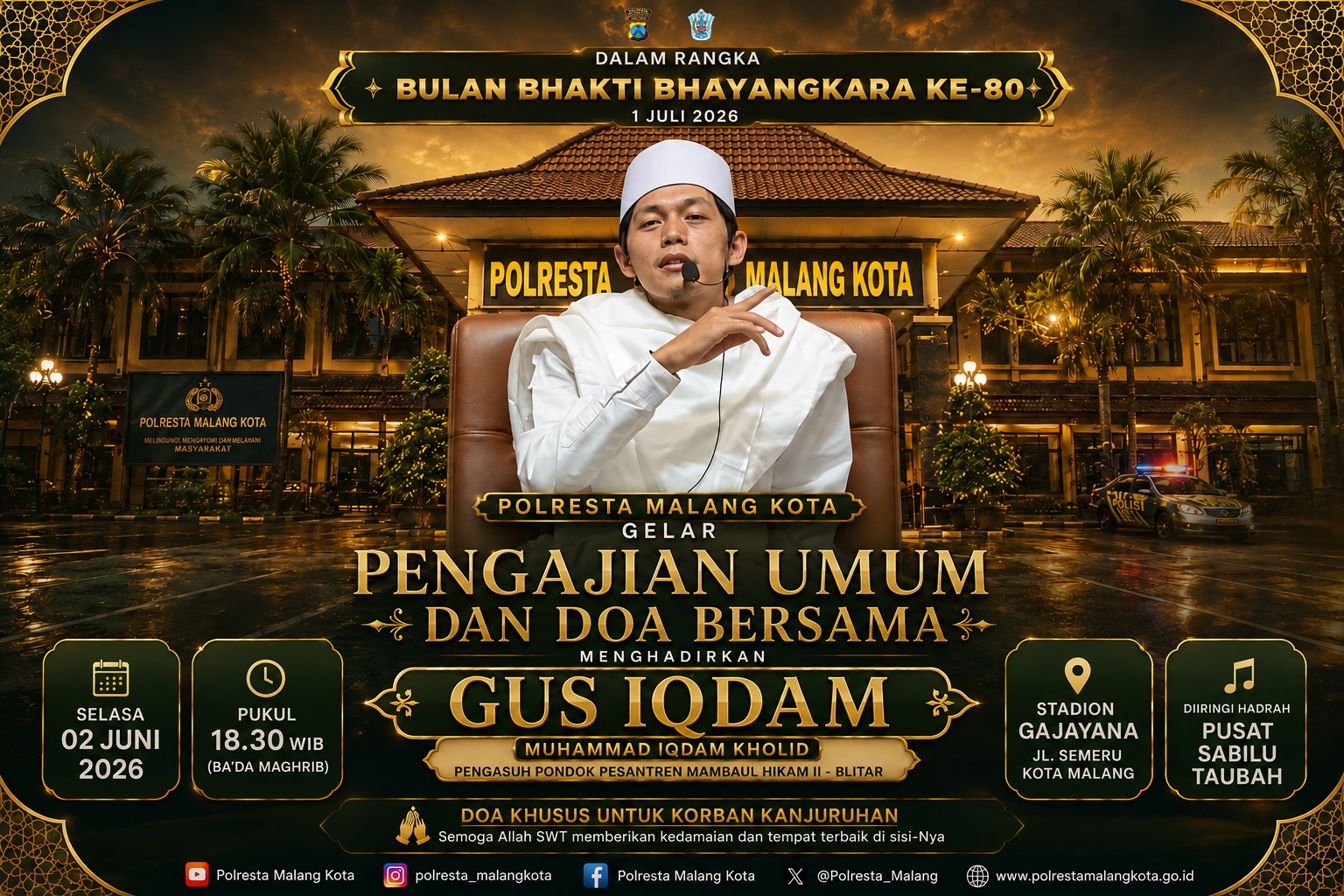 Sambut Bulan Bhakti Bhayangkara ke-80, Polresta Malang Kota Hadirkan Gus Iqdam Doa Bersama dan Pengajian Umum
